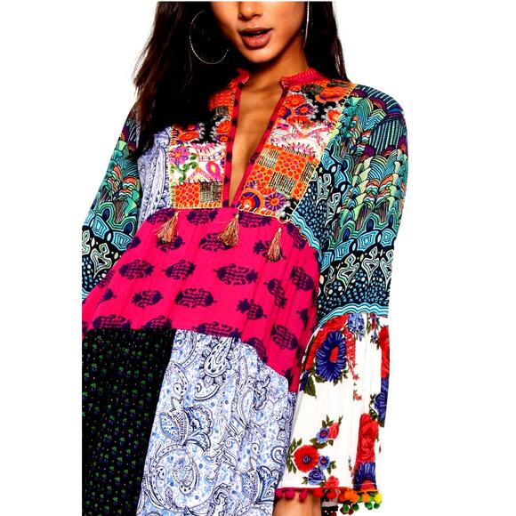 Anandas Patchwork Print Tassel Detail Smock Mini Dress Size Large Bell Sleeves - Picture 4 of 13